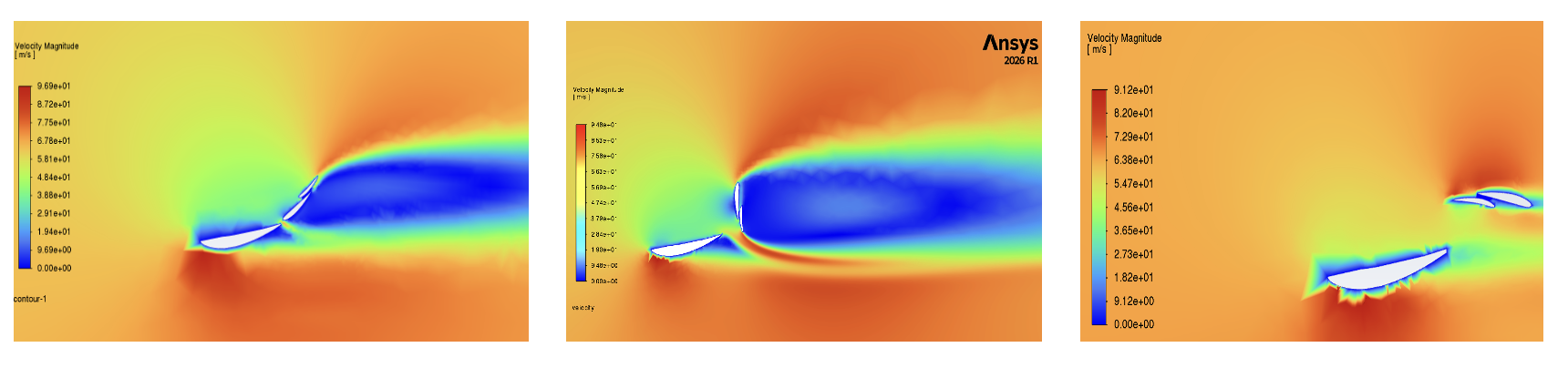 Steady-state velocity magnitude comparison across unopened, 130 degree, and 230 degree wing positions