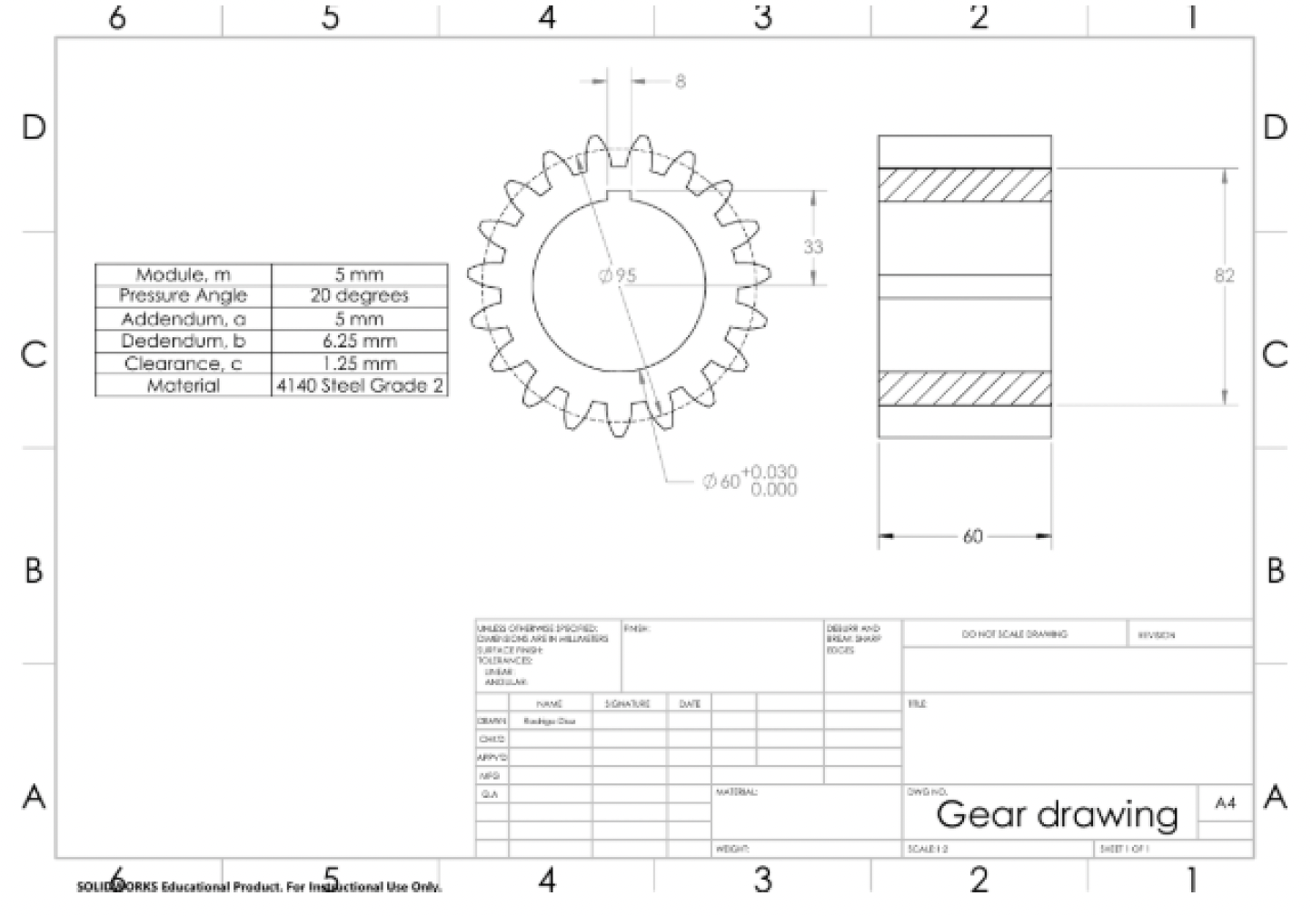 Dimensioned gear drawing specifying module, pressure angle, addendum, and dedendum