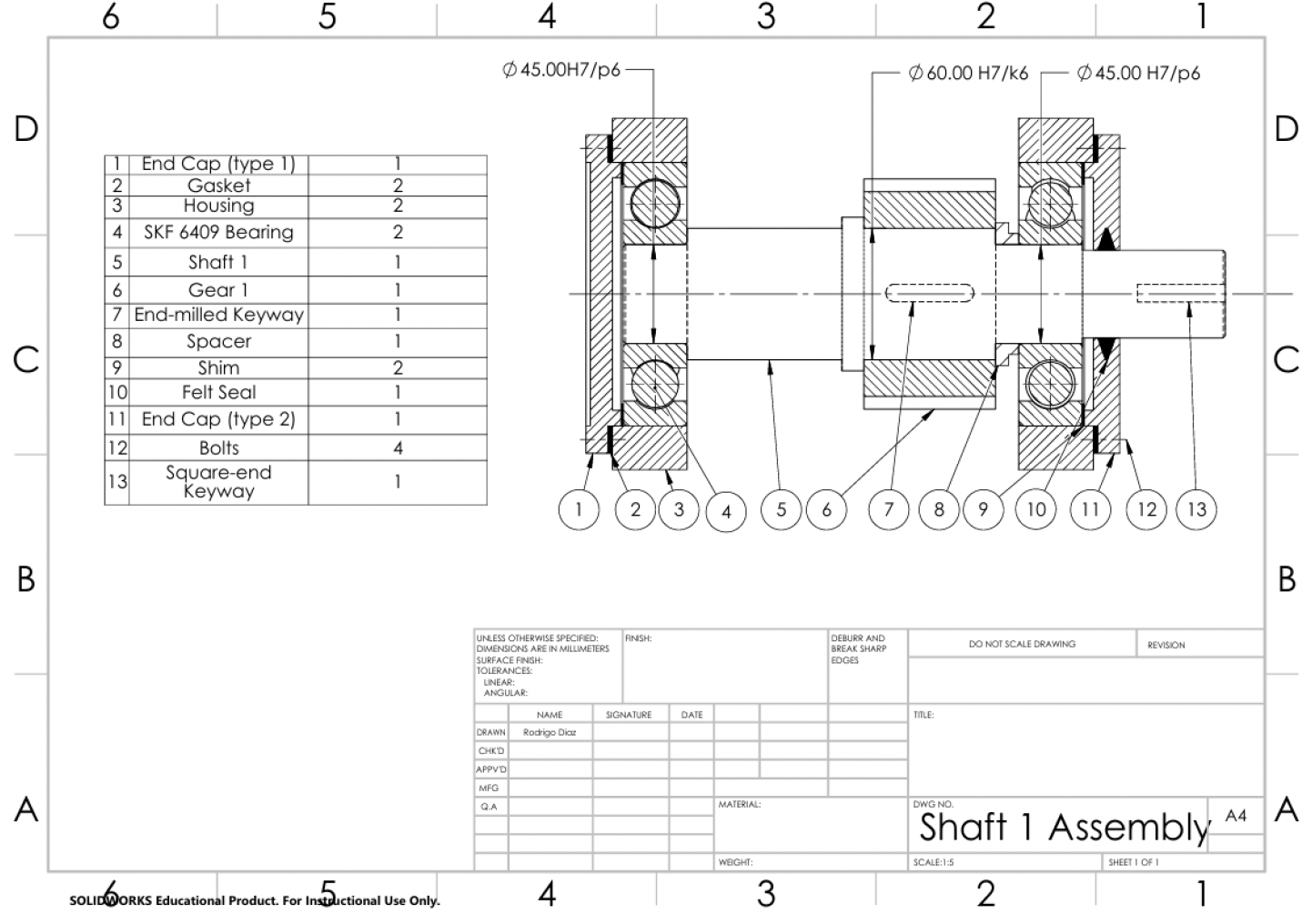 Shaft 1 assembly drawing with bill of materials