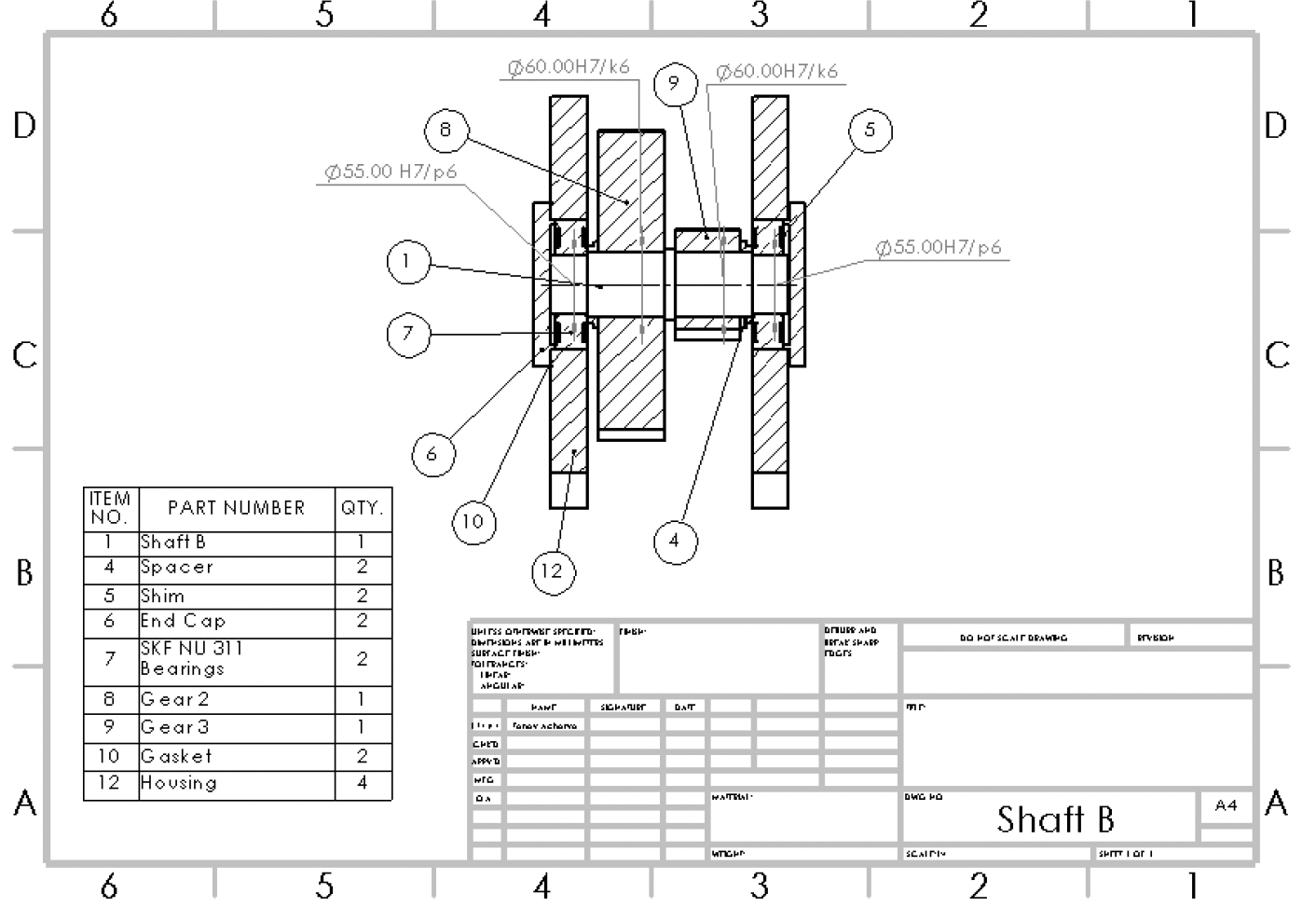 Shaft 2 assembly drawing with bill of materials