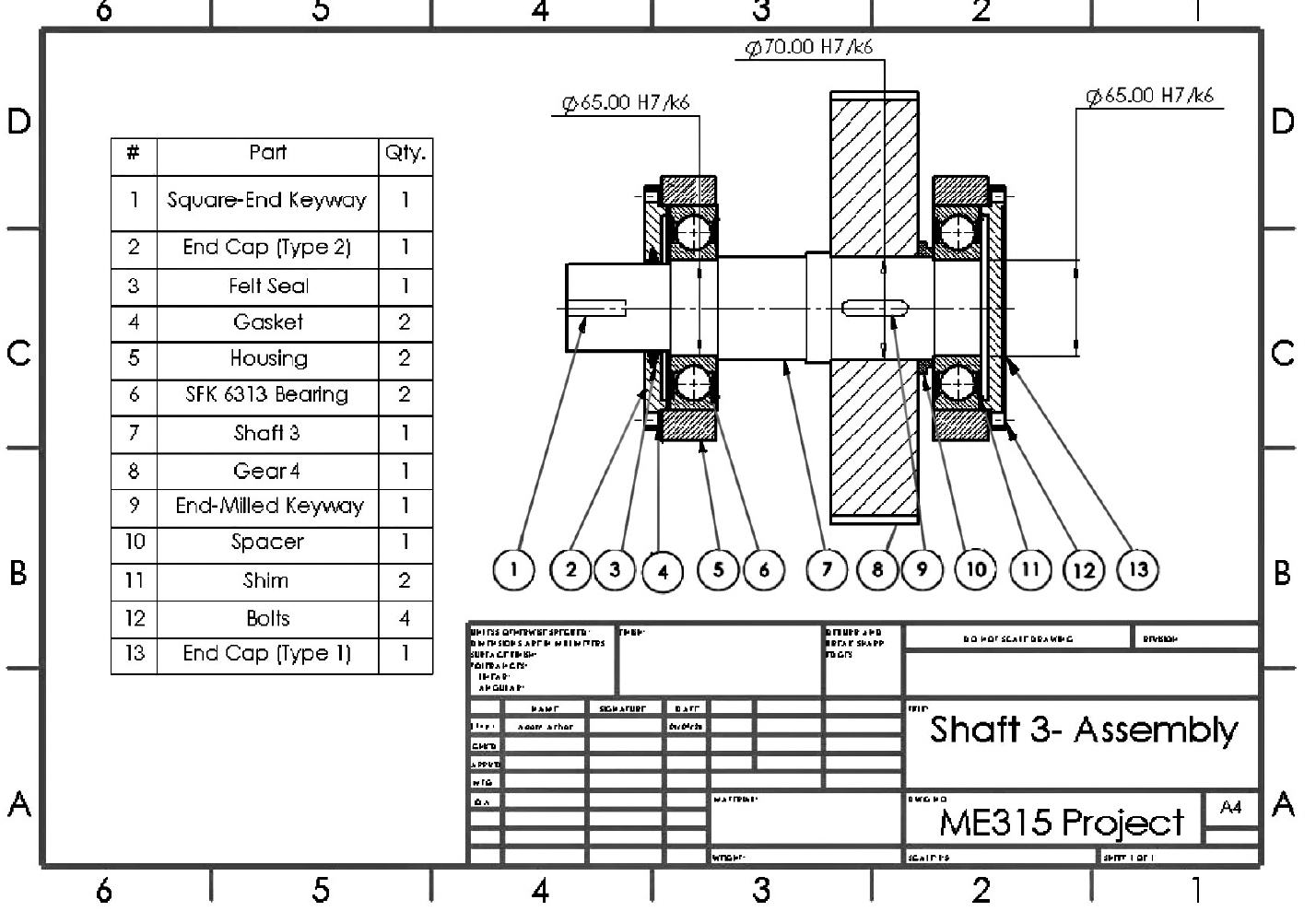 Shaft 3 assembly drawing with bill of materials