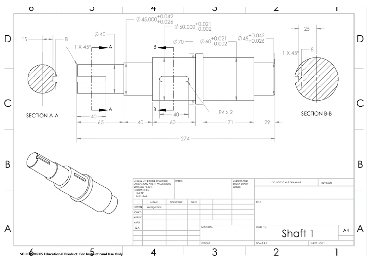 Dimensioned shaft drawing with tolerances and section views
